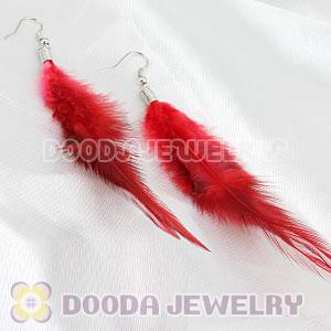 Red Handmade Rooster Feather Earrings With Alloy Fishhook Wholesale