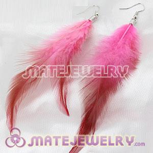 Pink Handmade Rooster Feather Earrings With Alloy Fishhook 
