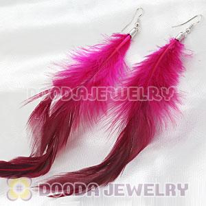 Fashion Long Magenta Rooster Feather Earrings With Alloy Fishhook Wholesale