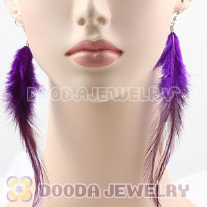 Fashion Long Purple Rooster Feather Earrings With Alloy Fishhook Wholesale