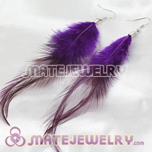 Fashion Long Purple Rooster Feather Earrings With Alloy Fishhook 