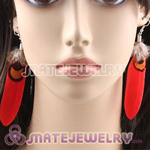 Fashion Red And Grizzly Feather Earrings With Alloy Fishhook 