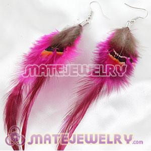 Cheap Long Magenta And Grizzly Feather Earrings With Alloy Fishhook 