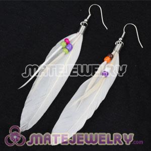 Cheap Dangling White Feather Earrings Enhanced By Decorated Beads 