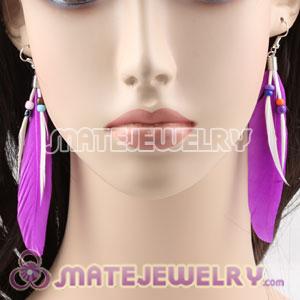 Cheap Dangling Purple Feather Earrings Enhanced By Decorated Beads 