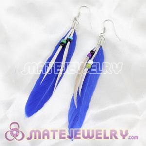 Cheap Dangling Navy Feather Earrings Enhanced By Decorated Beads 