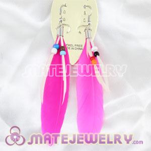 Cheap Dangling Magenta Feather Earrings Enhanced By Decorated Beads 