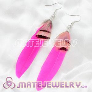 Cheap Long Magenta And Grizzly Feather Earrings 