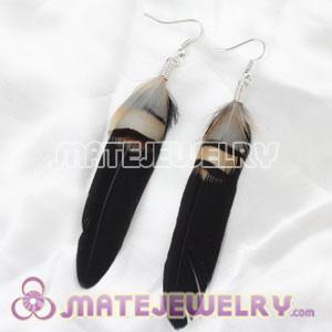 Cheap Long Black And Grizzly Feather Earrings 