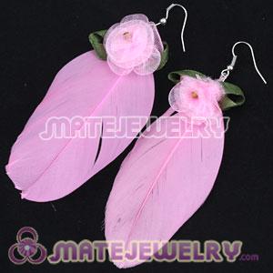 Long Pink Tibetan Jaderic Bohemia Styles Silk Flower Feather Earrings