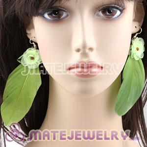 Long Green Tibetan Jaderic Bohemia Styles Silk Flower Feather Earrings