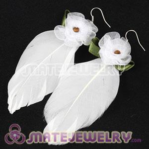 Long White Tibetan Jaderic Bohemia Styles Silk Flower Feather Earrings