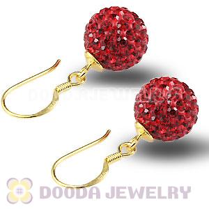 10mm Red Czech Crystal Ball Gold Plated Sterling Silver Hook Earrings