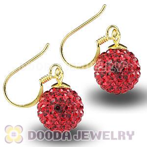 10mm Red Czech Crystal Ball Gold Plated Sterling Silver Hook Earrings