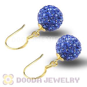 10mm Blue Czech Crystal Ball Gold Plated Sterling Silver Hook Earrings