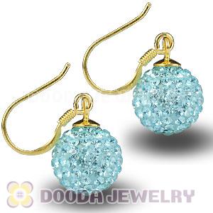 10mm Cyan Czech Crystal Ball Gold Plated Sterling Silver Hook Earrings
