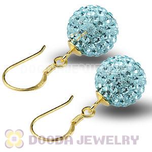 10mm Cyan Czech Crystal Ball Gold Plated Sterling Silver Hook Earrings