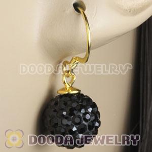 10mm Black Czech Crystal Ball Gold Plated Sterling Silver Hook Earrings