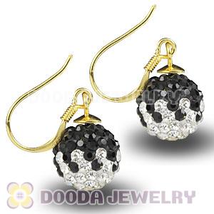 10mm Black-White Czech Crystal Ball Gold Plated Sterling Silver Hook Earrings