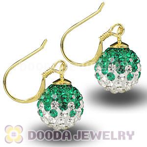 10mm Green-White Czech Crystal Ball Gold Plated Sterling Silver Hook Earrings