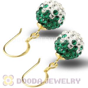 10mm Green-White Czech Crystal Ball Gold Plated Sterling Silver Hook Earrings