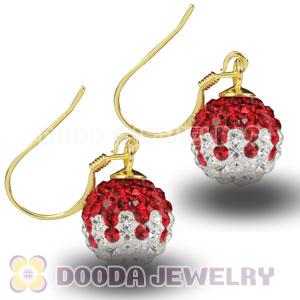 10mm Red-White Czech Crystal Ball Gold Plated Sterling Silver Hook Earrings