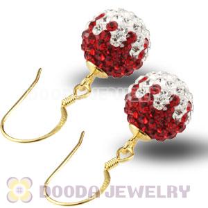 10mm Red-White Czech Crystal Ball Gold Plated Sterling Silver Hook Earrings