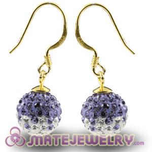 10mm Purple -White Czech Crystal Ball Gold Plated Sterling Silver Hook Earrings