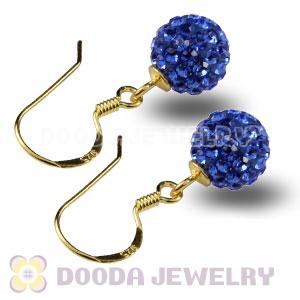 8mm Blue Czech Crystal Ball Gold Plated Sterling Silver Hook Earrings