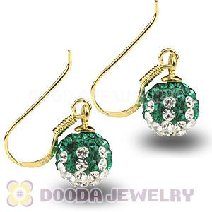 8mm Green-White Czech Crystal Ball Gold Plated Sterling Silver Hook Earrings