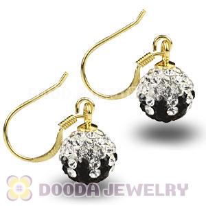 8mm Black-White Czech Crystal Ball Gold Plated Sterling Silver Hook Earrings