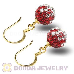 8mm Red-White Czech Crystal Ball Gold Plated Sterling Silver Hook Earrings