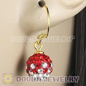8mm Red-White Czech Crystal Ball Gold Plated Sterling Silver Hook Earrings