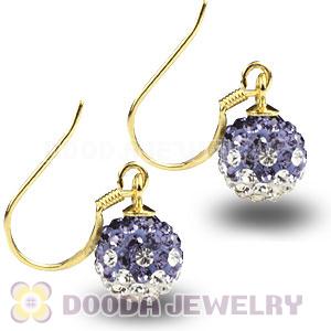 8mm Purple-White Czech Crystal Ball Gold Plated Sterling Silver Hook Earrings