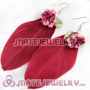 Long Crimson Tibetan Jaderic Bohemia Styles Silk Flower Feather Earrings