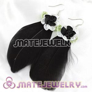 Long Black Tibetan Jaderic Bohemia Styles Silk Flower Feather Earrings