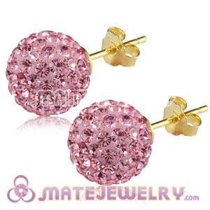 10mm Pink Czech Crystal Ball Gold Plated Silver Stud Earrings Wholesale