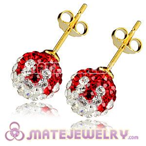 8mm Red-White Czech Crystal Ball Gold Plated Silver Stud Earrings Wholesale
