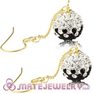 Cheap 10mm Black-White Czech Crystal Ball Gold Plated Silver Dangle Earrings 