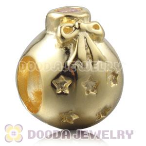Gold Plated Sterling Silver Christmas Ball Beads With Pink Stone