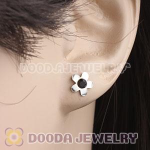 Sterling Silver Fashion Flower With Black CZ Stud Earrings