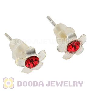 Sterling Silver Fashion Flower With Red CZ Stud Earrings