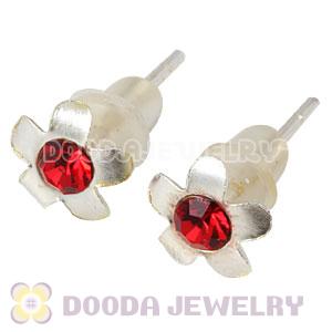 Sterling Silver Fashion Flower With Red CZ Stud Earrings