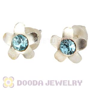 Sterling Silver Flower With Cyan CZ Stud Earrings Wholesale
