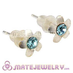 Cheap Sterling Silver Flower With Cyan CZ Stud Earrings