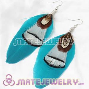 Blue Tibetan Jaderic Bohemia Grizzly Feather Earrings 