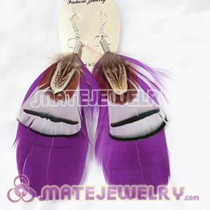 Purple Tibetan Jaderic Bohemia Grizzly Feather Earrings 