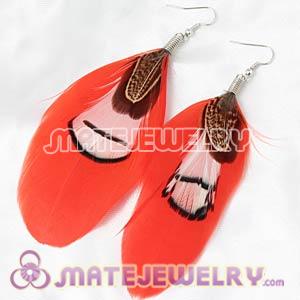 Red Tibetan Jaderic Bohemia Grizzly Feather Earrings 