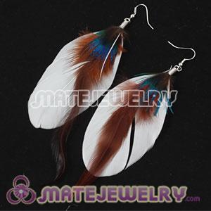 White Tibetan Jaderic Bohemia Grizzly Feather Earrings 