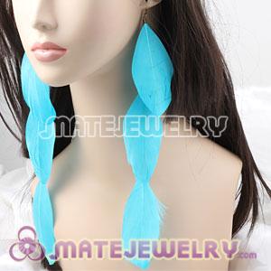 Cyan Big Flake Extra Long Feather Earrings For Sale